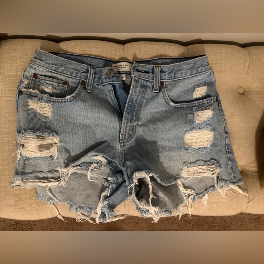 Abercrombie High-Rise Light Blue Distressed Denim Shorts